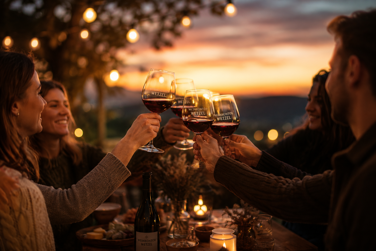 Weinfest-Stimmung: Menschen stoßen bei Sonnenuntergang mit Weingläsern von Weinkontor Wetzel an
